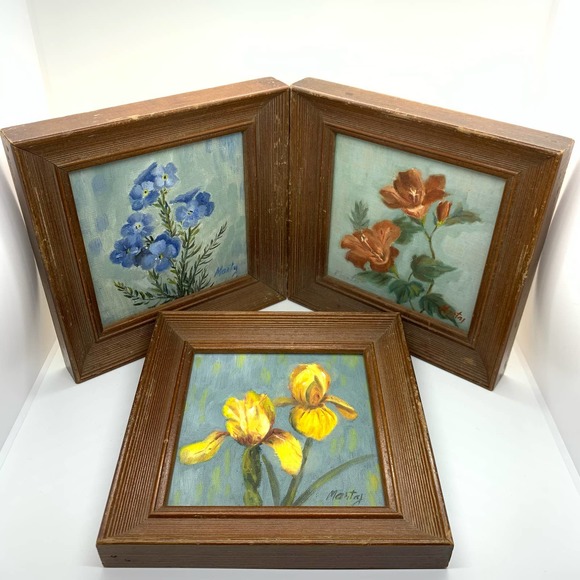 Primitive Set of Three Folk Art Flower Paintings